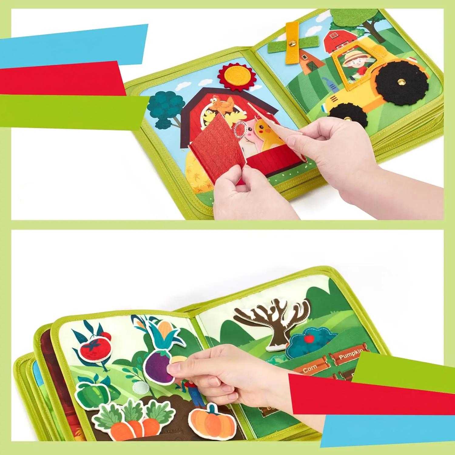 Ruchome elementy i zadania w książeczce Montessori Farma
