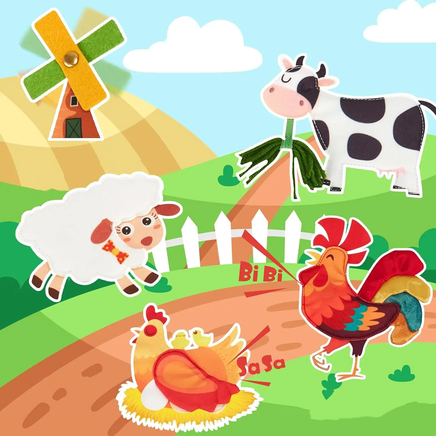 Sceny ze zwierzętami w sensorycznej książeczce Farma