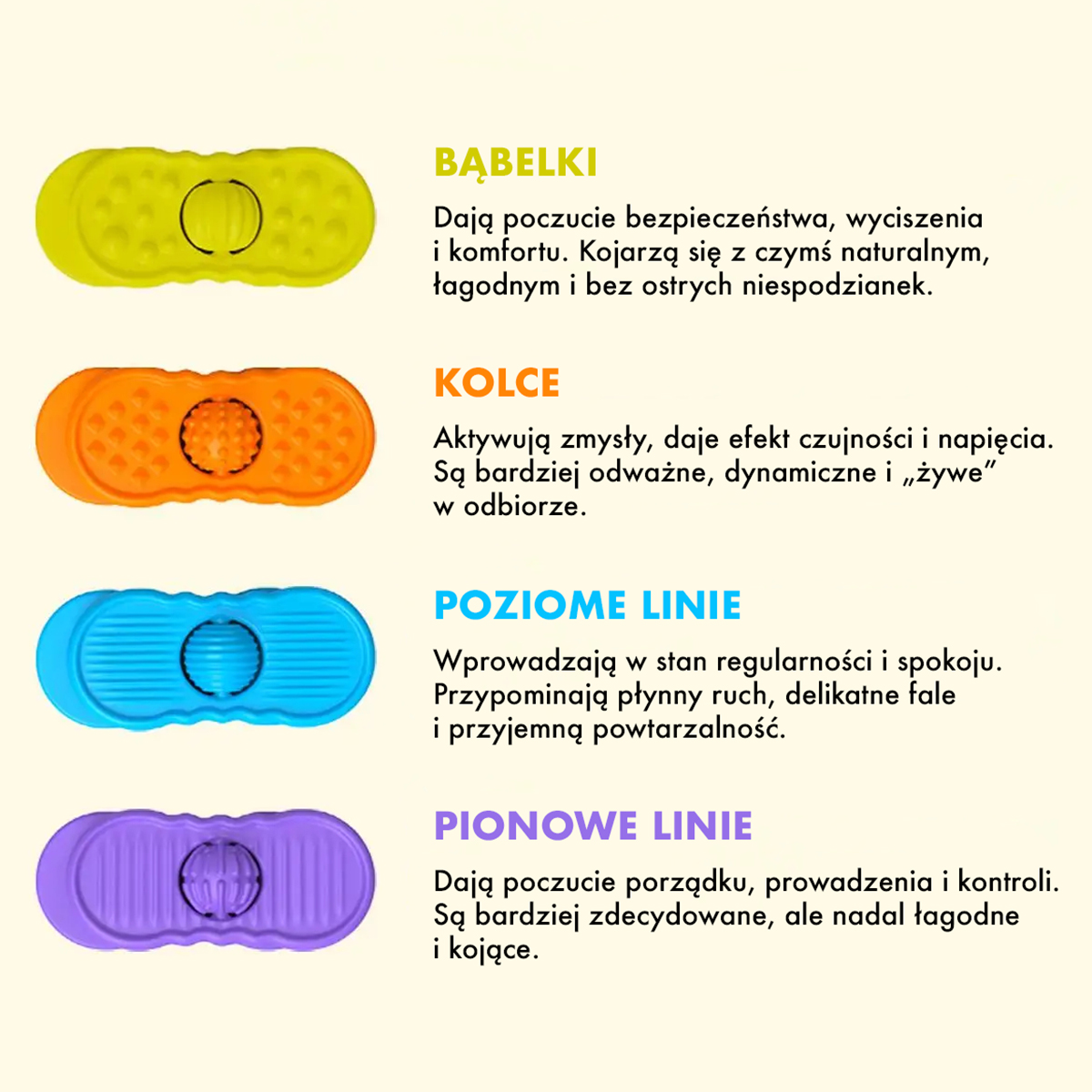 Cztery rodzaje przesuwaczy sensorycznych w zestawie
