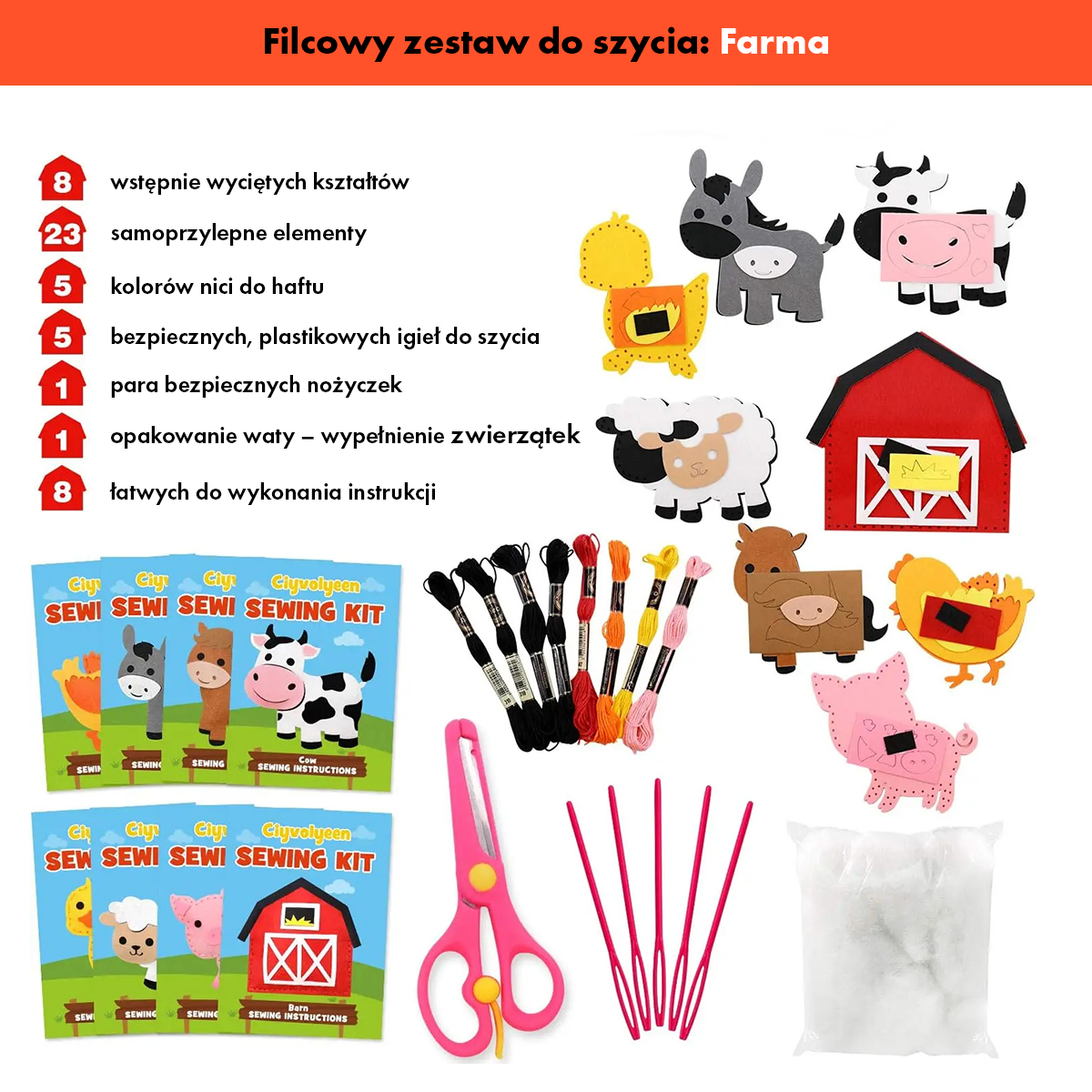 Zawartość filcowego zestawu do szycia Zwierzęta na farmie