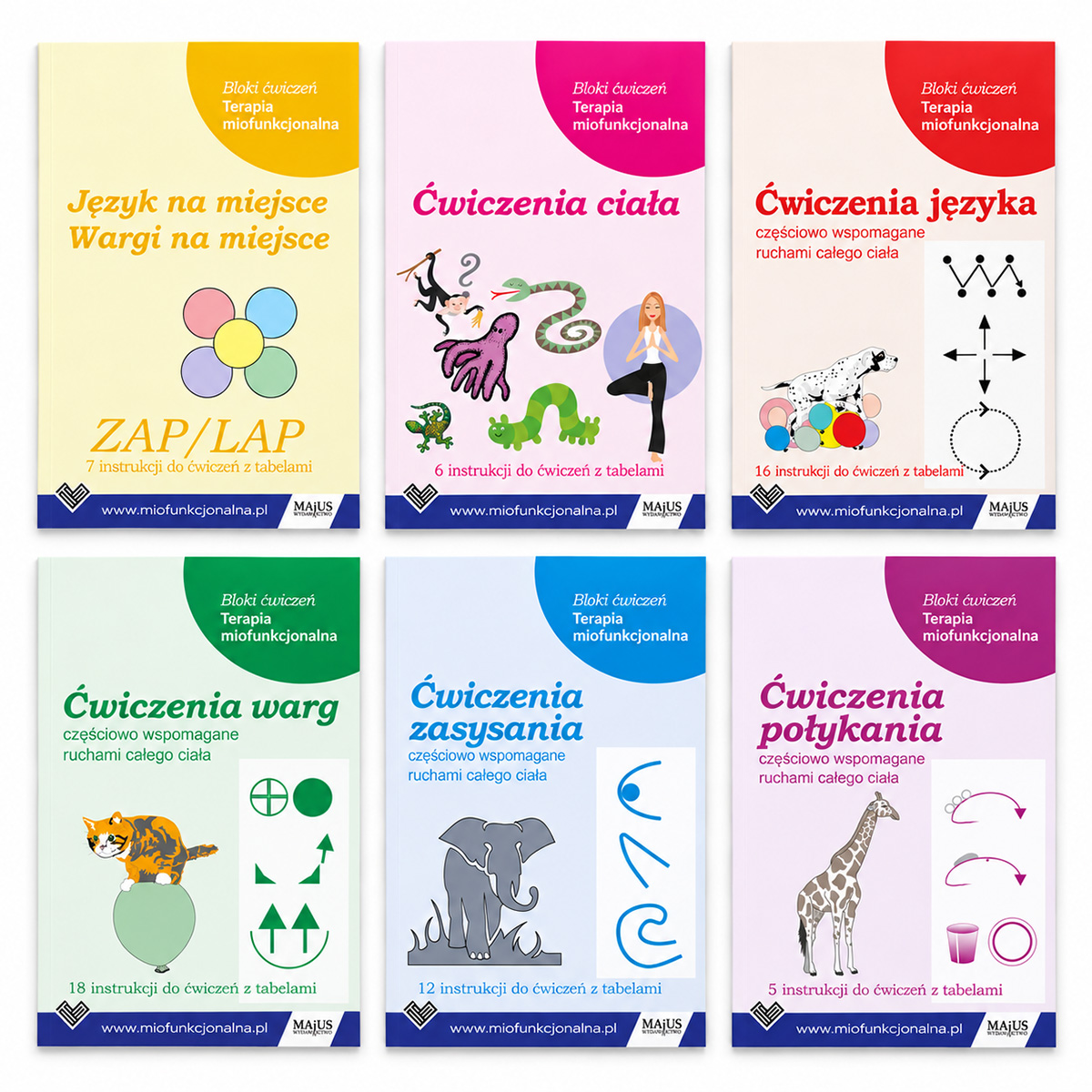 Sześć bloków terapii miofunkcjonalnej: ZAP/LAP, ćwiczenia ciała, języka, warg, zasysania i połykania