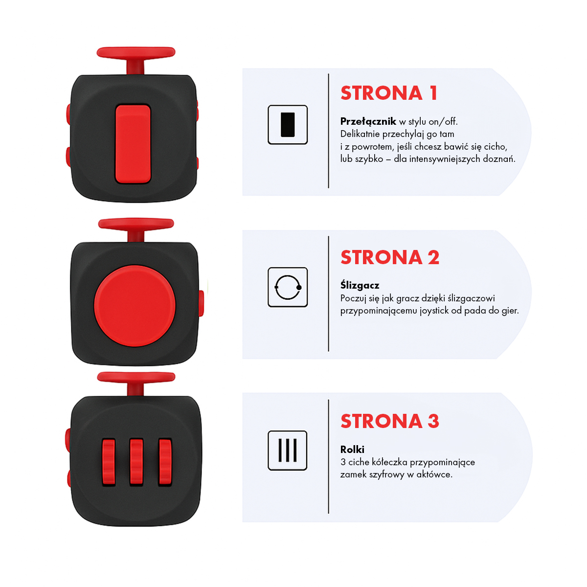 Kostka Fidget Cube czerwona wymiary 45 x 38 mm