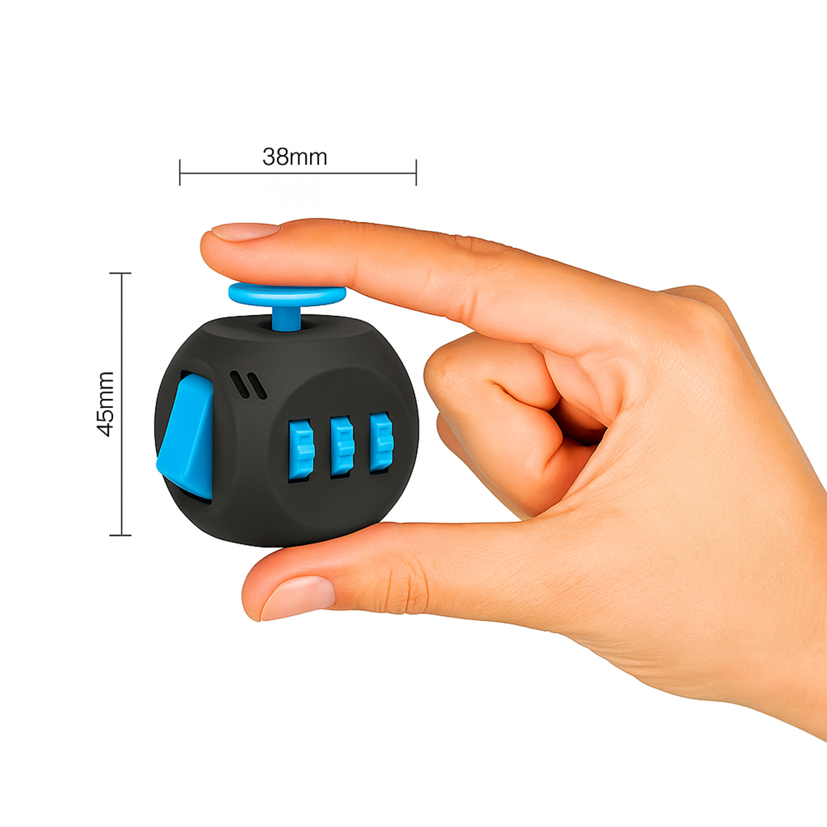 Niebieska kostka antystresowa Fidget Cube 6 funkcji przyciski joystick rolki dysk