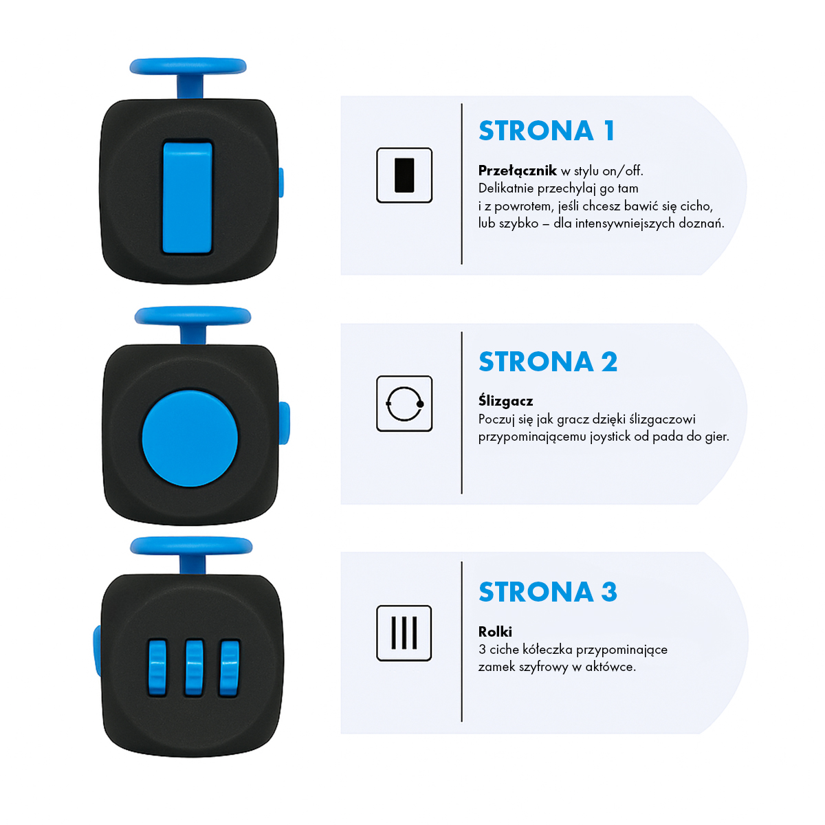 Niebieska kostka Fidget Cube wymiary 45 x 38 mm