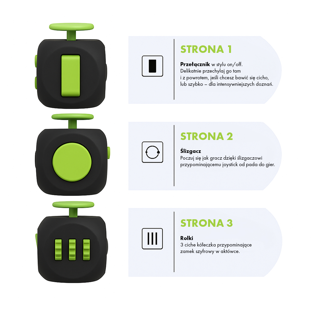 Zielona kostka Fidget Cube wymiary 45 x 38 mm